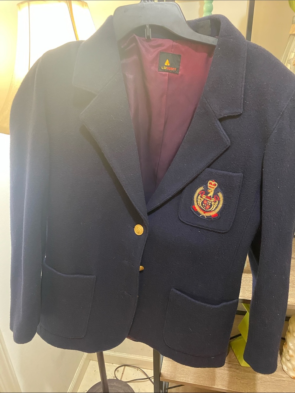 LL Bean Navy Wool Blend Pea Coat with Crest